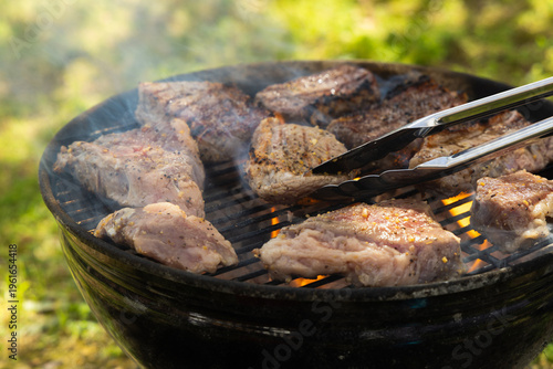 Meat is Grilled Over an Open Flame During a Gathering in a Backyard on a Sunny Day