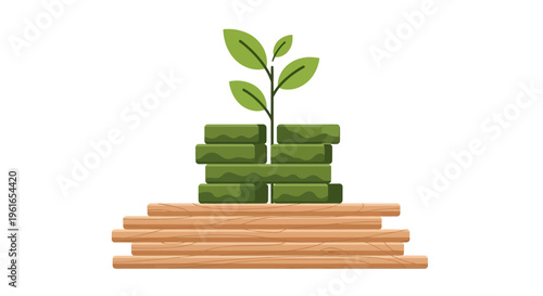 Green plant growing from stacked coins.
