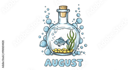 Vector illustration, fish in bottle, August month icon, aquatic animal symbol isolated on White Background