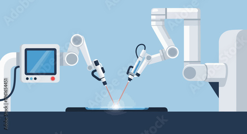Industrial robotic arms welding metal.