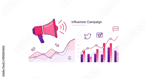 Megaphone with Social Media Icons Graphs.