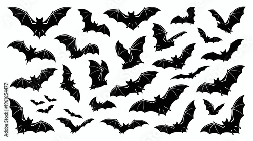 Collection of black flying bat silhouettes in various dynamic poses isolated on white background, representing Halloween decoration assets, symbolizing spooky nocturnal wildlife graphic elements