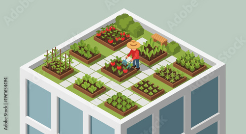 Person Tending to Rooftop Garden Plants.