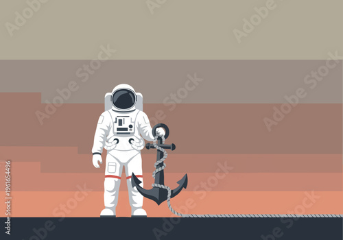 Astronaut holding anchor. Space exploration concept. Pixel art illustration. Digital graphic.