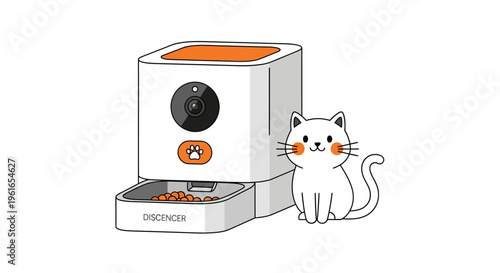 White Cat Next to Automatic Feeder.