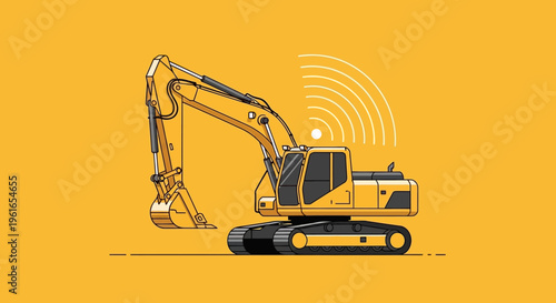 Yellow excavator machine with arm.