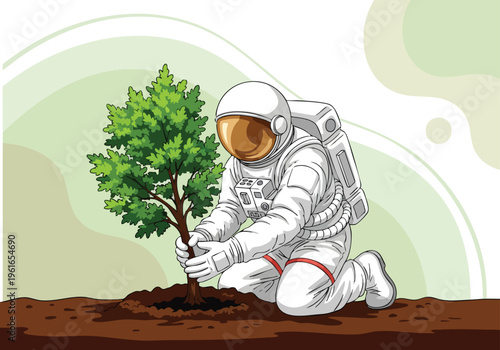 Astronaut planting tree. Space explorer illustration. Environmental concept art. Future growth vector.