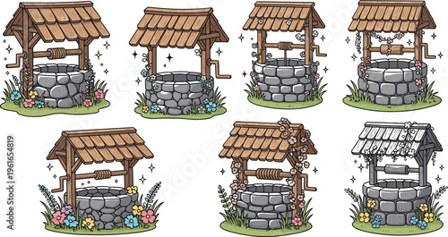 Cute Cartoon Water Well Collection with Wooden Roof, Stone Structure, Flowers, Garden Elements, Rustic Village Style, Fantasy Outdoor Illustration Set