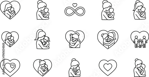 Mother and Child Love Heart Line Art Icons Bundle for Mother's Day