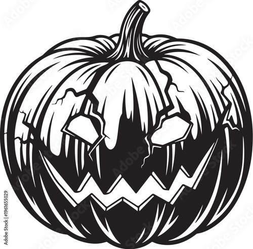Spooky Black and White Jack O Lantern Halloween Illustration
