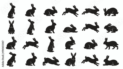 Collection of black rabbit and hare silhouettes in various active poses like jumping running and sitting isolated on white background, symbolizing wildlife nature and representing Easter