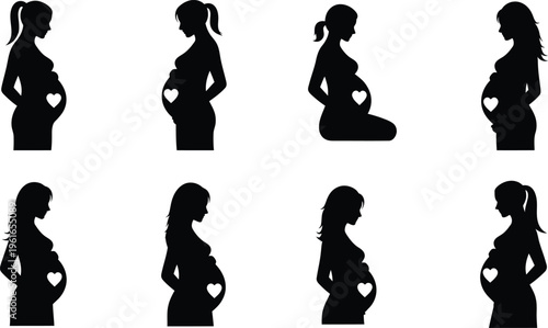 Pregnant woman silhouettes in various poses and stages of pregnancy