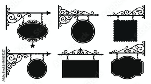 Set of vintage black silhouette hanging signboards with ornate wrought iron brackets and decorative scrolls, providing elegant branding options and illustrating classic shop storefronts