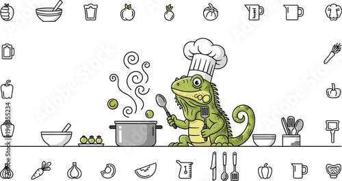 Cute chameleon chef cooking in kitchen vector illustration with food icons, utensils and ingredients perfect for restaurant, menu and culinary designs