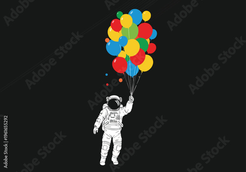 Astronaut Holding Colorful Balloons. Space Dream. Minimalist Graphic Illustration. Freedom Concept.