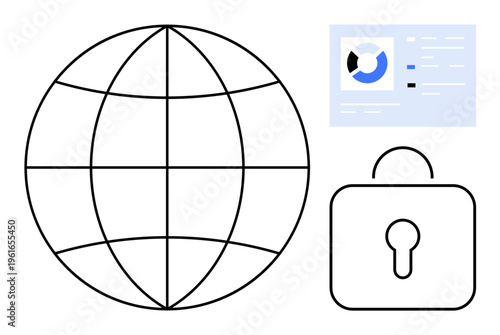Data security concept. Data protection through a lock, global communication symbol, and digital interface. Data plays a key role in analytics, cybersecurity, and global systems. For technology