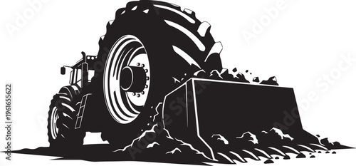 Tractor Plowing Field with Large Rear Tire and Bucket