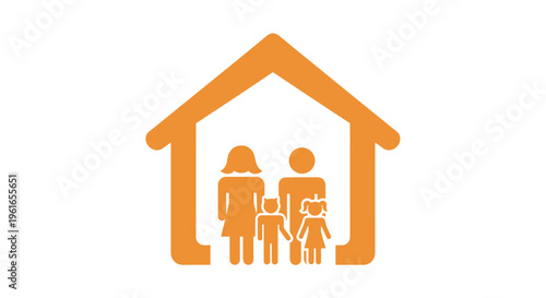 Modern home icon with a silhouette of a family including parents and children
