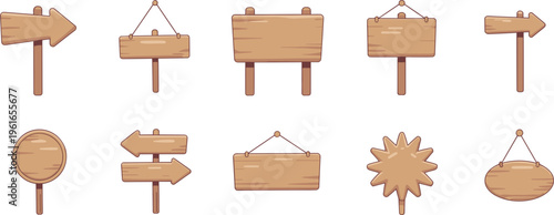 Wooden sign boards set, rustic blank signage collection for direction illustration design