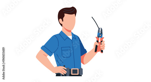 Skilled technician in blue uniform holding wire cutters and electrical wire, ready for repair or installation job