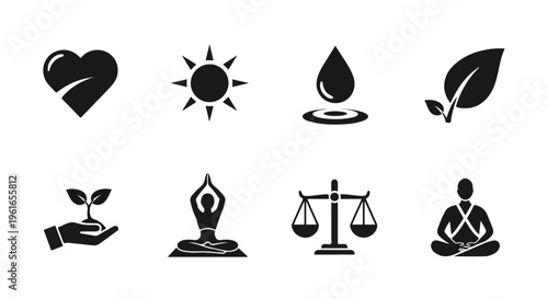 Eco friendly icons, sustainability symbols, green living signs, environmental logos