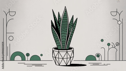 Potted plant with long green leaves in geometric planter on minimalist background with abstract shapes and lines