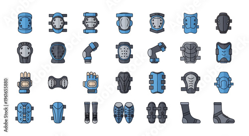 Sports Protective Gear Icons: Knee Pads, Elbow Pads, Gloves, Shin Guards, and More