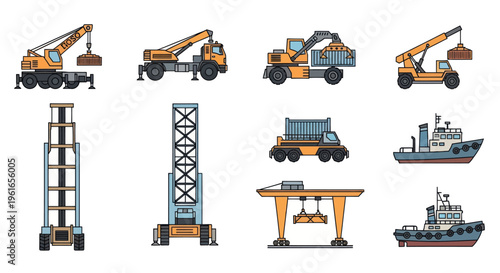 Set of Pixel Art Construction and Industrial Vehicles with Cargo Containers
