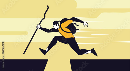 Man jumping over chasm. Adventure challenge. Minimalist illustration. Overcoming obstacles.