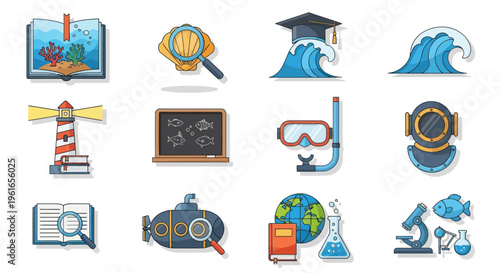 Oceanography and Marine Science Icons: Book, Magnifying Glass, Graduation Cap, Wave, Lighthouse, Blackboard, Scuba, Helmet