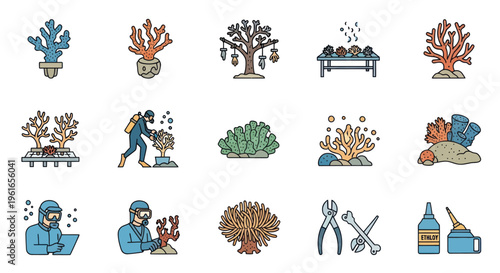 Coral Reef Research & Conservation Icons: Diving, Planting, Analysis, Tools
