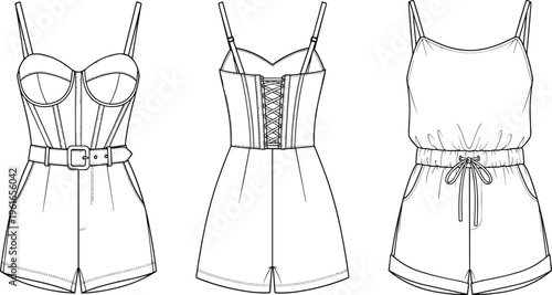 Women fashion romper technical flat sketch set with spaghetti straps corset lace-up back belted waist drawstring summer playsuit front back view clothing template vector