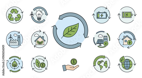 Eco-friendly energy and sustainability icons set, renewable resources and green technology