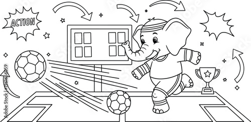 Cute elephant playing soccer coloring page vector illustration with goal, trophy and action elements perfect for kids activity book and educational design
