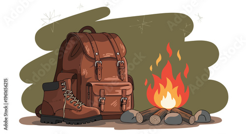 Camping Gear and Campfire Illustration. Outdoor Adventure Pixel Art. Retro Style Digital Drawing.