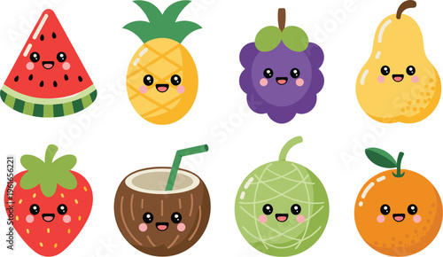 Cute kawaii fruits characters set, colorful smiling food icons cartoon illustration design