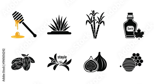 Vegan food icons, plant-based diet symbols, black and white illustrations, 8 editable vector graphics