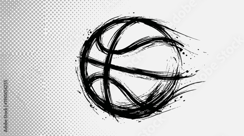 Basketball illustration with dynamic black brush strokes and splatters on a white halftone background, representing athletic speed and power, symbolizing sports branding and competition