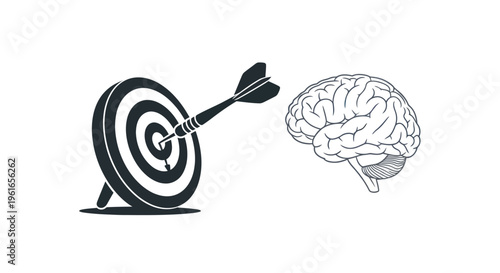 Dart hitting bullseye target next to human brain outline, symbolizing focus and intelligence