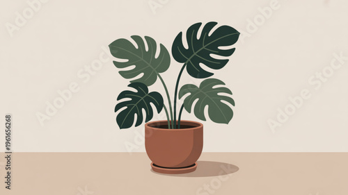 Monstera plant in a terracotta pot on a beige background with large green leaves and a minimalist aesthetic