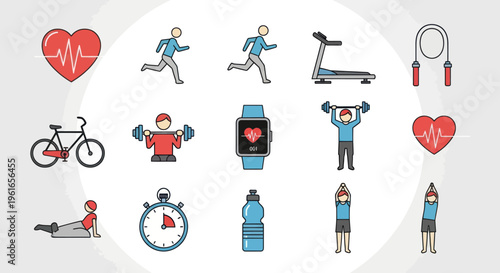 Fitness and Health Icons Set: Running, Weightlifting, Yoga, Heartbeat, Smartwatch