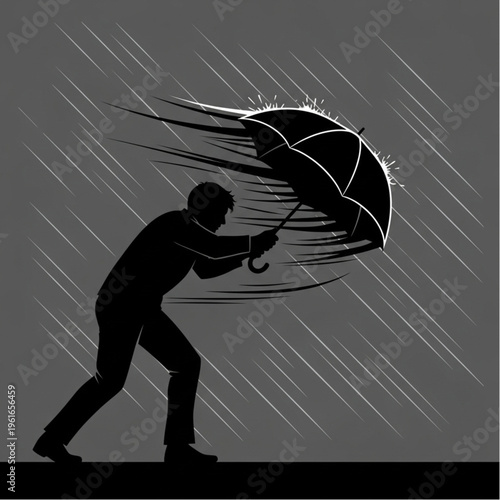 Man Struggling to Hold Umbrella in Storm.
