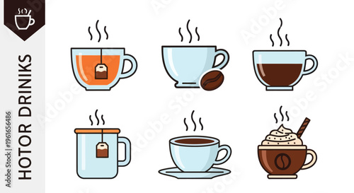 Hot Drinks Collection: Tea, Coffee, and Cappuccino Icons