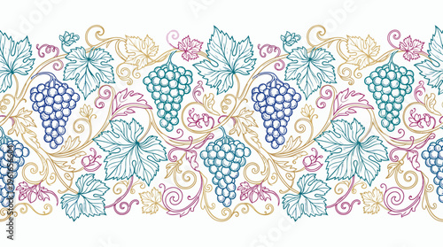 Elegant seamless border of hand-drawn grapevines with colorful clusters and swirling leaves on white background, illustrating luxury wine branding and covering decorative packaging designs