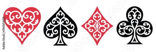 ornate floral playing card suit symbols featuring heart, spade, diamond and club, stylish ornamental vector set, antique decorative motifs, casino themed graphics,premium artistic illustration collect