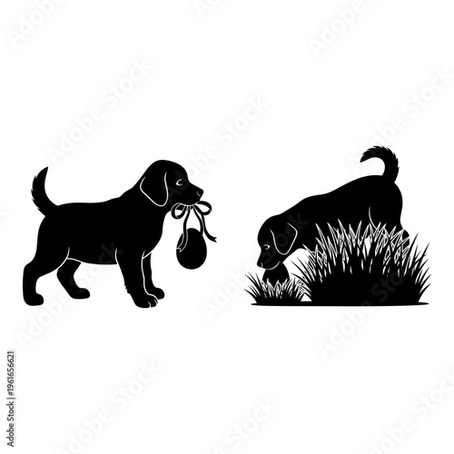 Two playful dogs engaging with their surroundings in a black and white illustration Vector, illustration