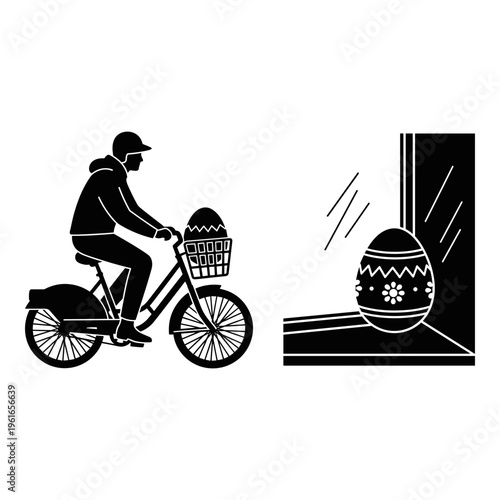 Cyclist accidentally drops decorated egg while riding past a building Vector, illustration