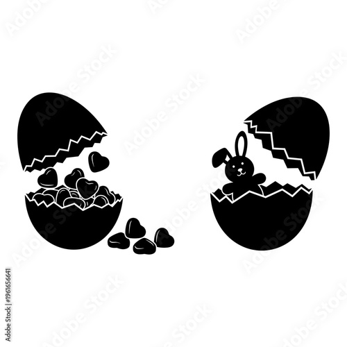 Easter celebration with chocolate eggs and a cute bunny figurine emerging from one. Vector, illustration