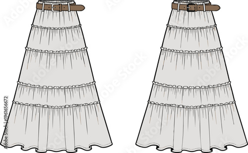 Women long tiered skirt with belt fashion illustration, boho style maxi skirt clothing design, hand drawn vector isolated on white background