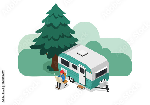 Camping Travel Trailer Isometric Illustration. Outdoor Adventure.